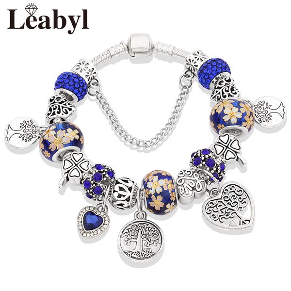 

european & american trendy dark blue flower charm bracelet with heart silver plated tree leaf bead jewelry bracelet diy gift, Golden;silver