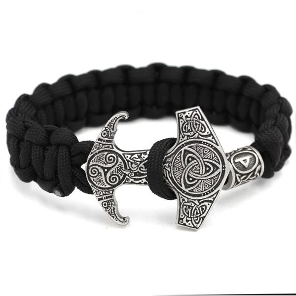 

10pcs men amulet hammer odin raven symbol knot viking talisman thor hammer bracelet, Black