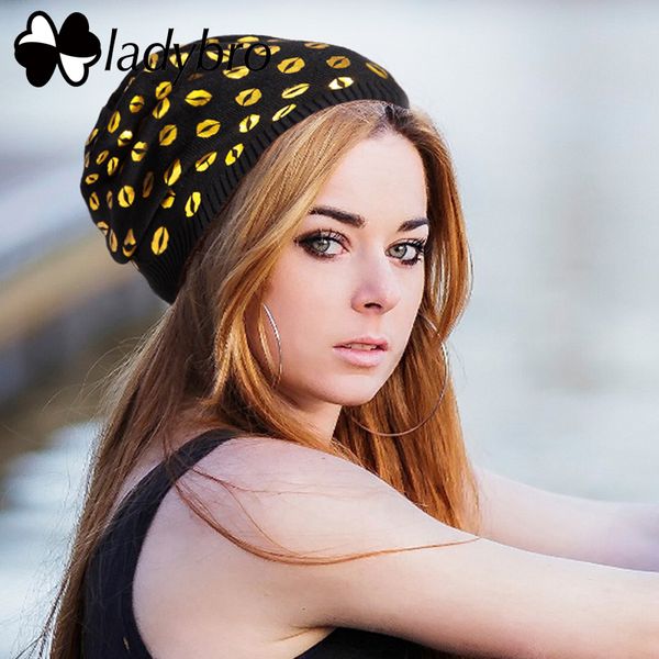 

ladybro lip seal print beanie women wool hat cap female fashion autumn winter hats knitted bonnet femme gorros mujer invierno, Blue;gray