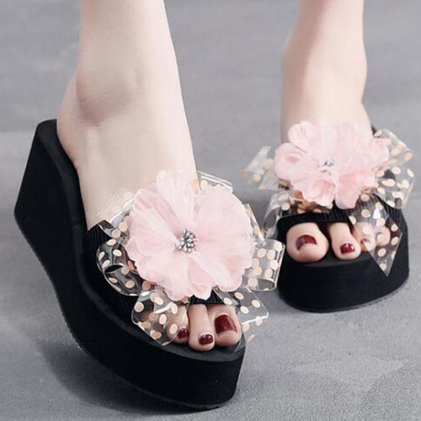 

new summer women sandals lace flowers slippers fashion flip flops wedge platform shoes slides mules vacation beach slippers xx10, Black