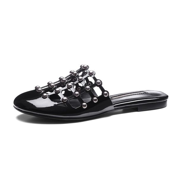 

rivet summer slippers women slides patent leather women slippers female high quality, Black