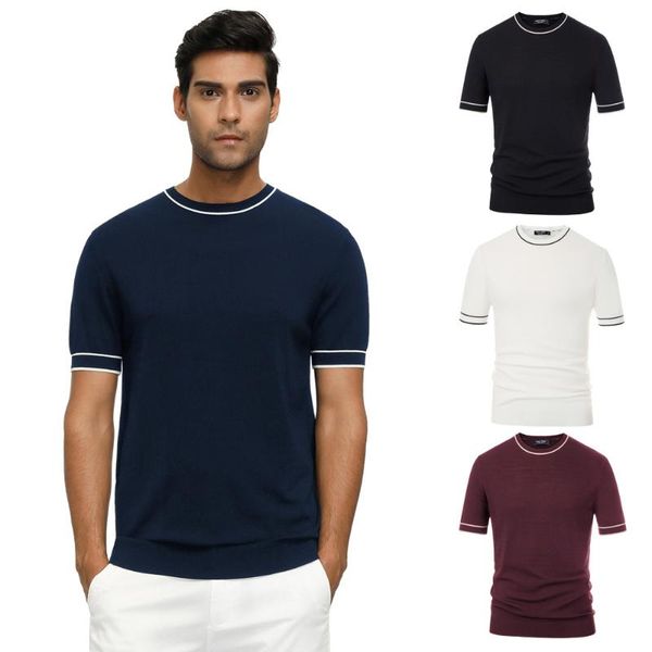 

new men knitted t-shirt short sleeve crew neck contrast strips decorated summer tee shirts slim soft breathable 2020 male, White;black