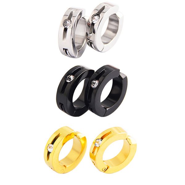 

fashion men handmade silver gold black stainless steel round groove crystal non-piercing hoop huggie cuff earrings jewelry, Golden