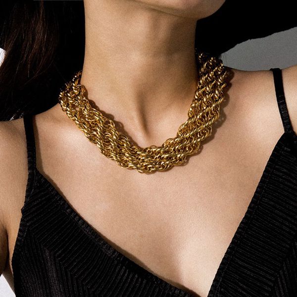 

punk exaggerated multilayer twisted thick chains choker necklace women vintage hiphop geometric chocker colar jewelry necklace, Golden;silver