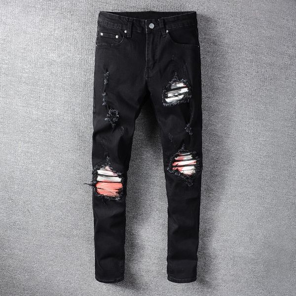 

men's jeans american streetwear fashion men black slim ripped elastic patches designer hip hop pants punk trousers, Blue
