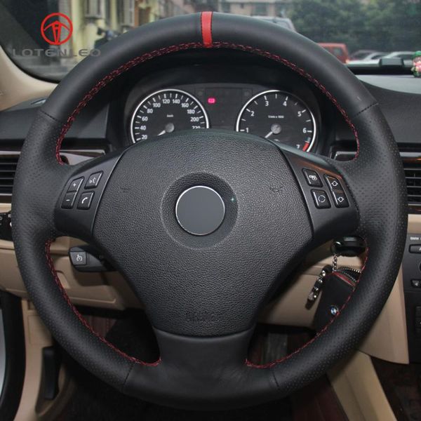 

lqtenleo black genuine leather hand-stitched car steering wheel cover for e90 e91 320 318i 320i 325i 330i 320d 328xi x1 e84