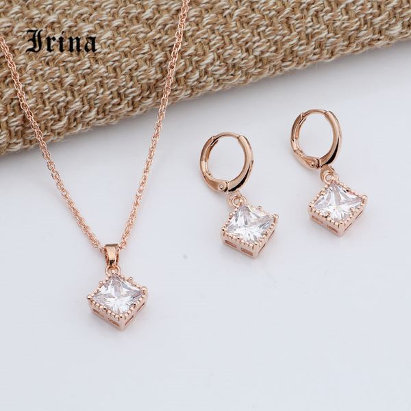 

irina trendy elegant 585 gold-color jewelry sets cubic zirconia tiny square bridal necklace earrings cubic pendant for women, Silver