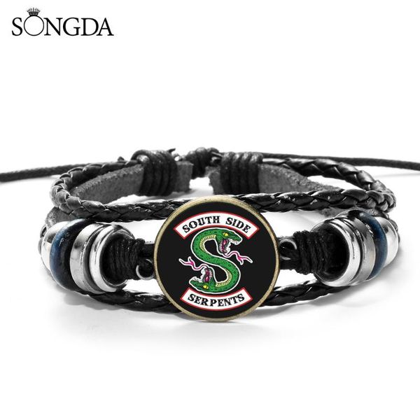 

charm bracelets tv series riverdale black leather bracelet south side serpents jughead jones trendy printed glass dome for fans, Golden;silver