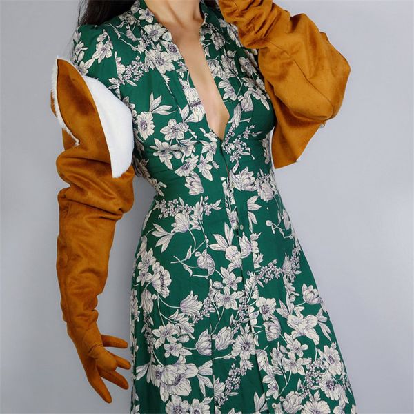 

five fingers gloves shearling long female faux leather suede 33" 85cm white fur big puff sleeves thicken thermal pu198, Blue;gray