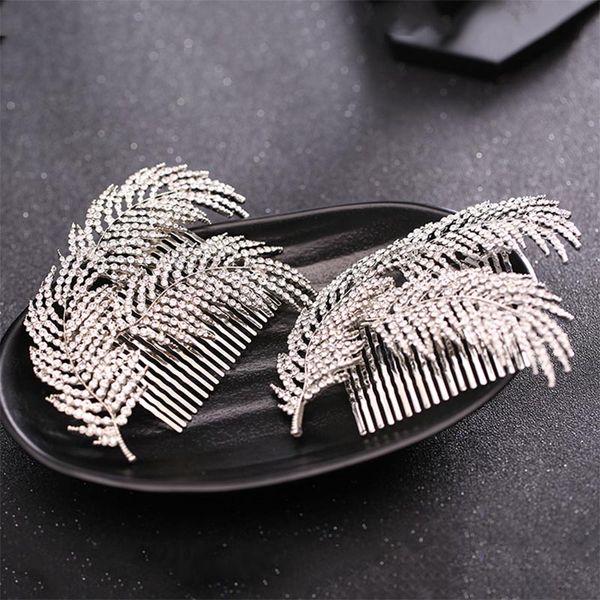 

forseven 1pc silver color rhinestone leaf hair combs tiara de noiva headpiece women hair jewelry wedding accessories jl, Golden;silver