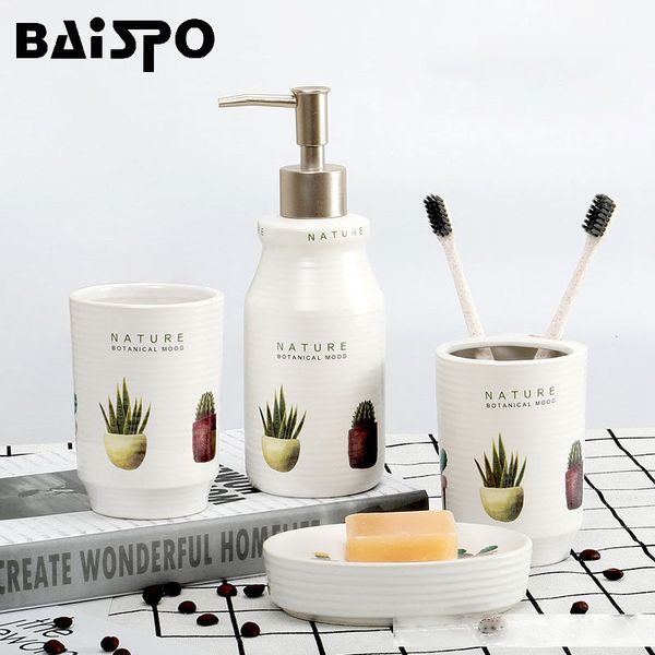 

baispo ceramics 4pcs/set bath accessories suit includes cup soap dish soup dispenser toothbrush holder shampoo press bottle t200506