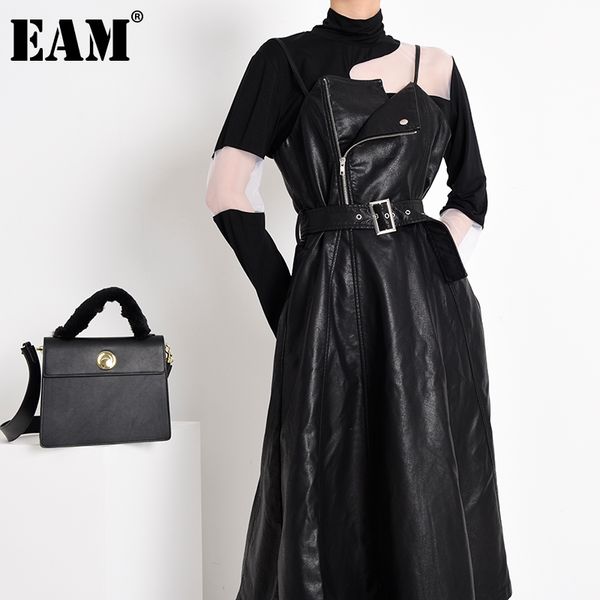 

eam] women black pu leather long spaghetti strap dress new v-neck sleeveless loose fit fashion tide spring autumn 2020 jd03201, Black;gray