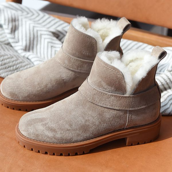 

oein women snow boots genuine leather round toe platform brand female winter wool ankle boots handmade slip-on waterproof shoes, Black