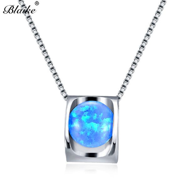 

blaike 8mm round ball blue/white fire opal pendants necklaces for women wedding silver color birthstone necklace
