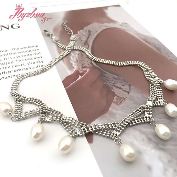 

6x7-7x9mm oval freshwater pearl natural stone beads tibetan silver chokers christmas gift wedding fashion style necklace 18", Golden;silver