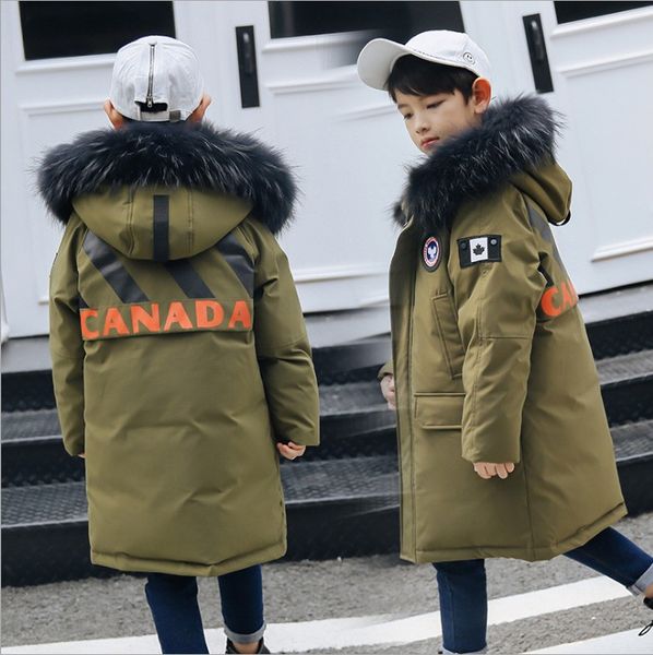 

children boy winter jacket real fur hooded long coat parka kids big school teens boy -30 russia winter clothing overcoat, Blue;gray