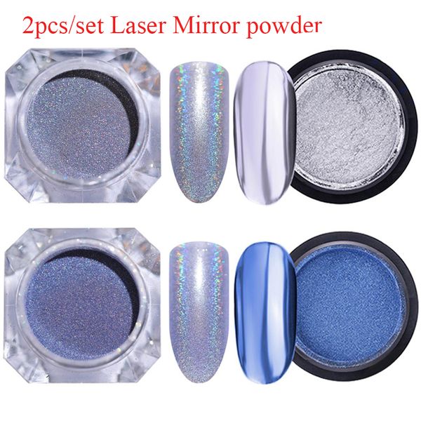 

nail glitter 2pcs/set holo laser powder shining rose gold metal mirror effect chrome pigment holographi dust art decoration, Silver;gold