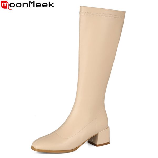 

moonmeek 2020 new arrival women boots thick heels square toe knee high boots comfortable pu leather winter ladies shoes, Black
