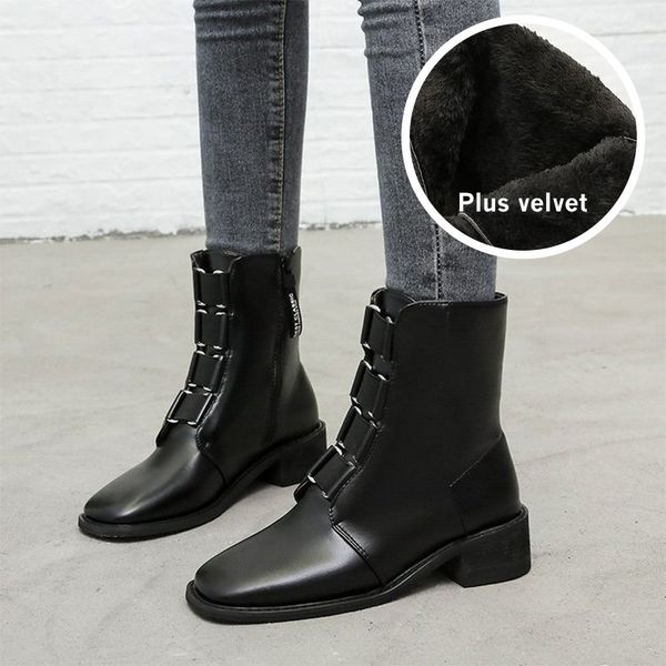 

women boots winter ladies warm plush zipper square toe chunky heels platform lace up female footwear soft leather boots fashion, Black