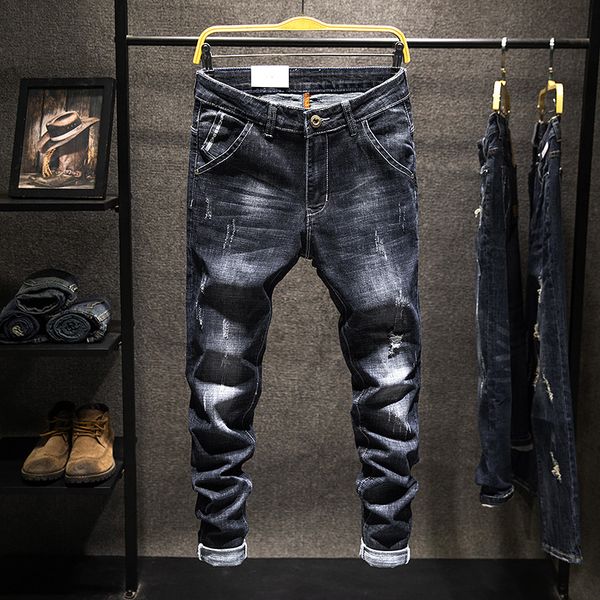 

men's jeans ripped for men skinny black stretch slim leg streetwear distressed moto biker male denim pants hip hop, Blue