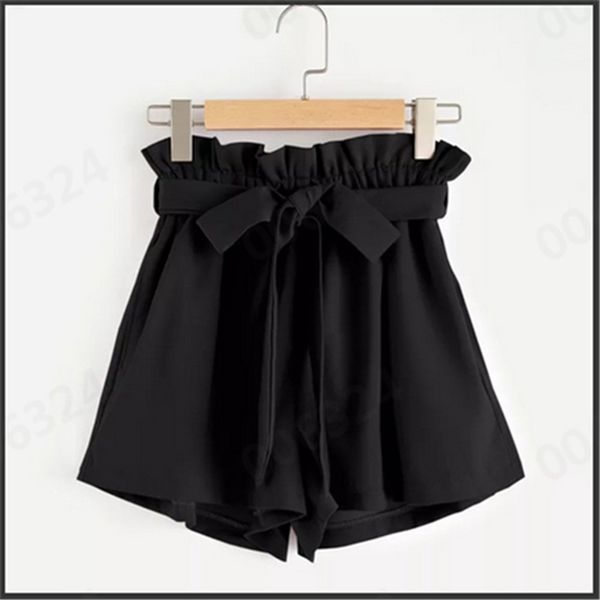 

2020 women casual wide leg shorts bow sashes solid high waist slim loose elastic waist shorts pocket beach high waist shorts, White;black