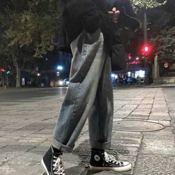

men jeans button solid ankle-length loose straight retro chic leisure simple mens all-match korean style harajuku ulzzang, Blue