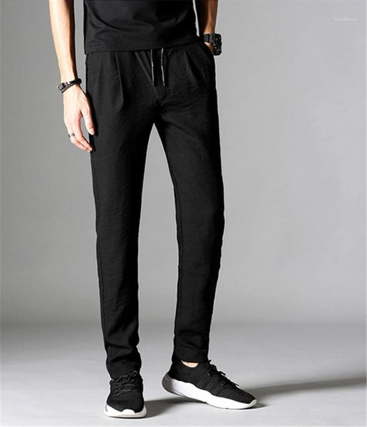 

mens trousers fashion solid colors loose pants sports pencil pantalones male flax pants designer, Black