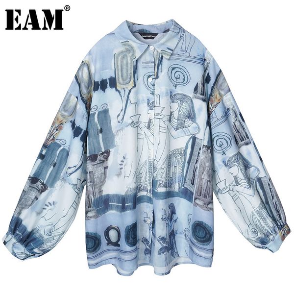 

women's blouses & shirts [eam] women blue pattern printed big size blouse lapel long sleeve loose fit shirt fashion tide spring autumn, White