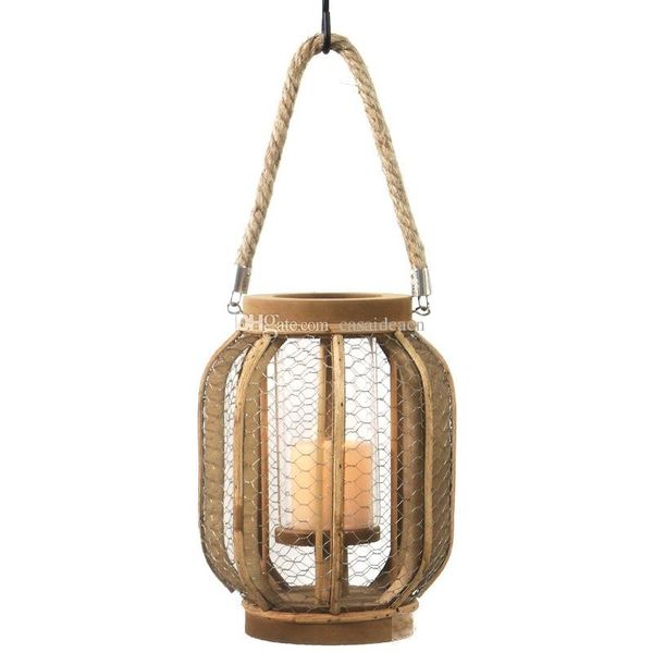 

wrought iron mesh candle lantern with windproof glass cylinder american industrial style hanging hurricane lamp with jute handle