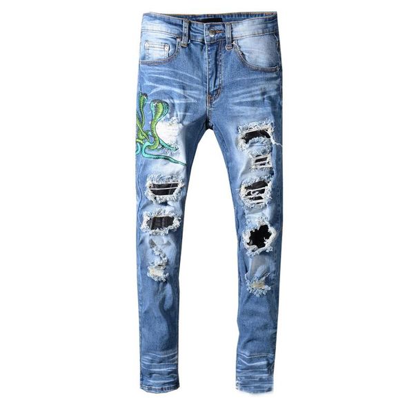 

new men's male blue snake embroidery skinny jeans streetwear pu leather patchwork holes ripped stretch denim pants trousers