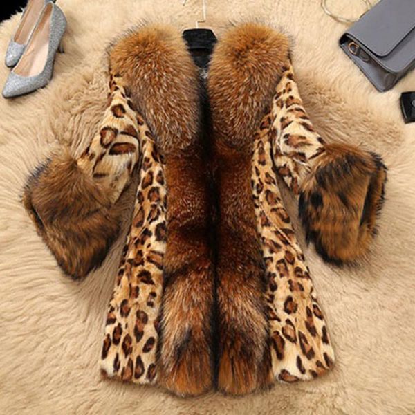 

winter faux fur womens leopard print coat plus size raccoon dog fur warm women luxury coats women loose long sleeve elegant coat, Black