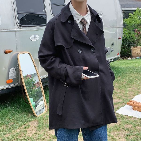 

autumn korean style trench men's fashion solid color casual long coat men streetwear wild loose windbreaker jackets mens -2xl, Tan;black