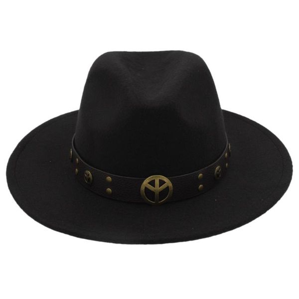

100% wool men felt fedora hat autumn winter wide brim jazz godfather cap with steampunk rivet belt size 56-58cm, Blue;gray
