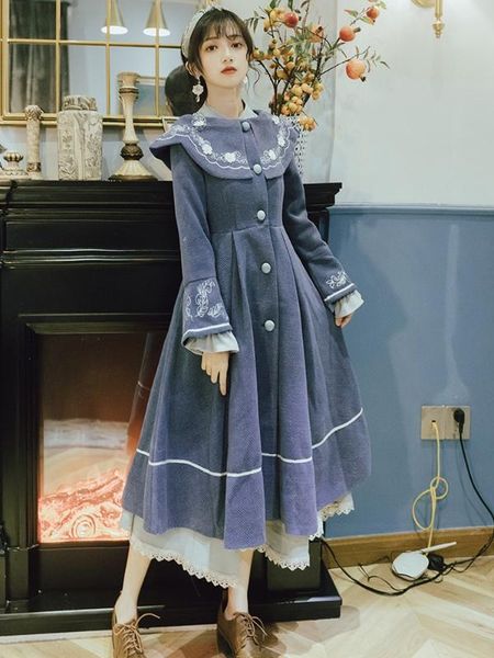 

slim wool coat elegant retro flower embroidery women cloak overcoat quality high waist pleated a line outerwear winter long coat, Black