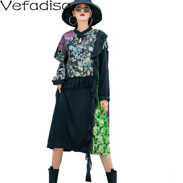 

casual dresses vefadisa woman large size dress 2021 autumn ruffle printing fashion jacquard mid-length street retro lhx228, Black;gray