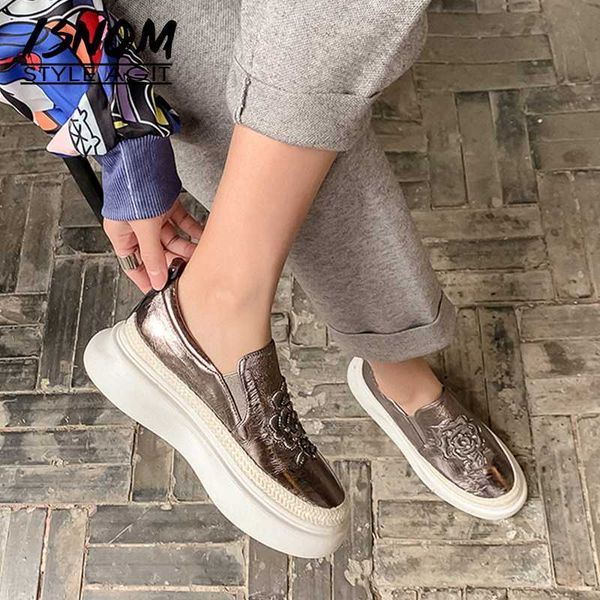 

isnom platform flats weave craft leather flats quality flower embroidery fashion women flat shoes, Black