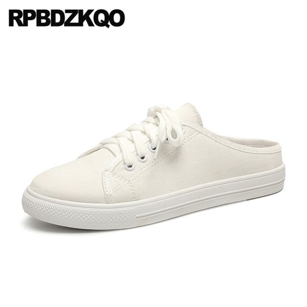 

mules round toe flats sneakers slip on breathable women lace up chinese ladies slippers 2020 footwear white canvas shoes, Black