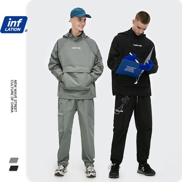 

inflation men streetwear windbreaker tracksuit men two piece set 2020 cargo sweatshirt set couple hip hop track pant and hoodie, Gray