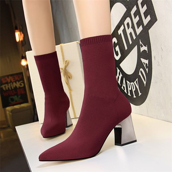 

bigtree fashion winter women boots nightclub high heel pointed toe sock shoe autumn lady chaussures square heel boots new, Black