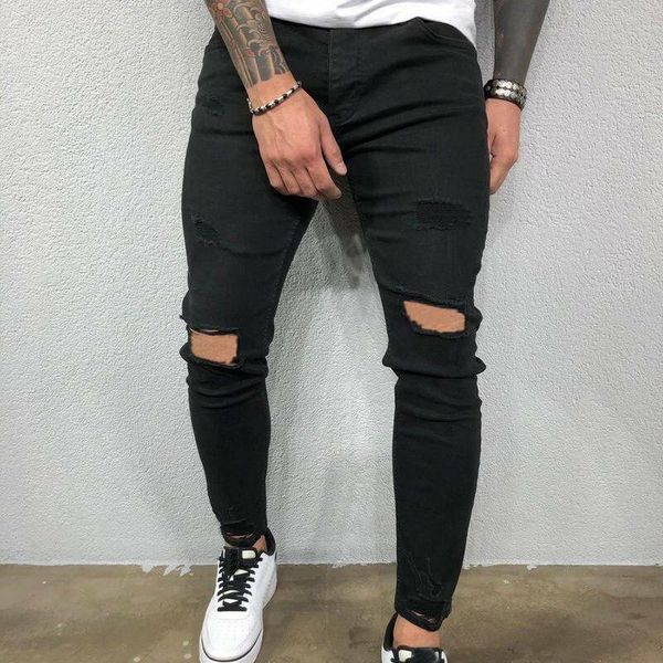 

vicabo mens jeans ripped denim pants slim fit hombres stretch casual plus size 2020 fashion knee hole long jeans for men, Blue