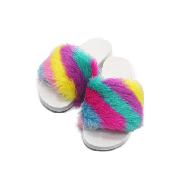 

женщины моды sexy меховые тапочки главная радужная полоска великолепная руно нескользящие теплые мягкие простые тапочки, Black