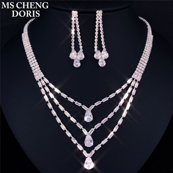 

european and american luxury zircon necklace earrings three-layer drop necklace jewelry set bridal accessories, Silver