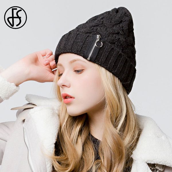 

fs solid women winter knitted beanies hat with zipper fashion warm ski hats skullies caps soft hip hop bonnet gorros mujer cap, Blue;gray