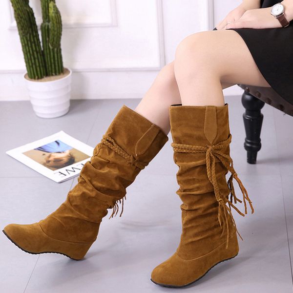 

gaoke женщины boots осень зима fringe половина колена высокие сапоги дамы кисточкой флис обувь женщина botas feminina плюс размер 35-43, Black