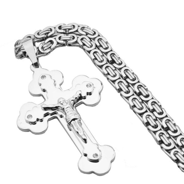 

chains granny chic silver color stainless steel jesus christ crystal cross pendant necklace 6mm byzantine link chain for men