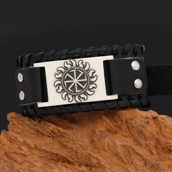 

bangle slavic sun leather amulet bracelet -adjustable size 19-26 cm, Black
