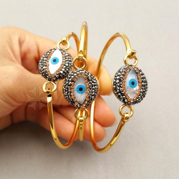 

rb024 wkt charming pearl shell bangle with evil eye shape rhinestone pave connector bnagle for women fashion bangle, Black