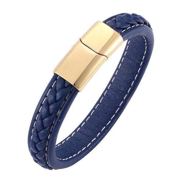 

charm bracelets trendy men jewelry accessories blue leather rope bracelet gold stainless steel magnetic clasp punk male wristband sp0216, Golden;silver