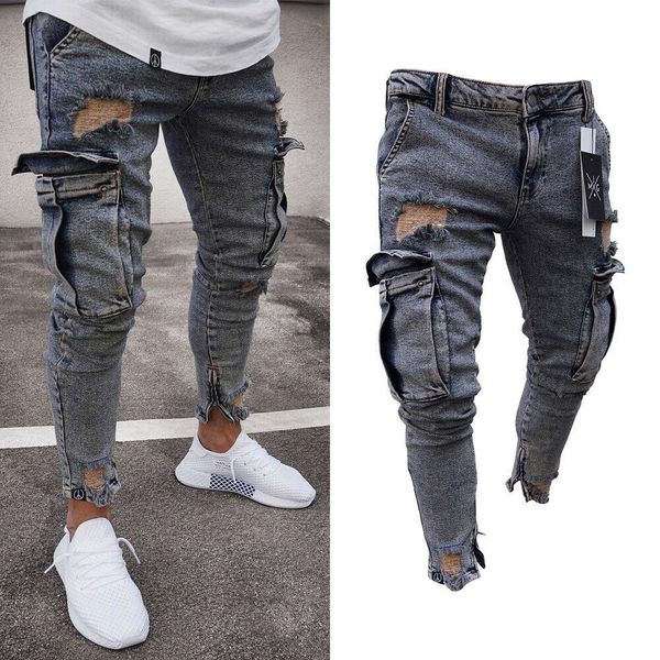 

new fashion washed jeans mens ripped skinny jeans destroyed frayed slim fit denim pocket pencil pant size s-2xl, Blue