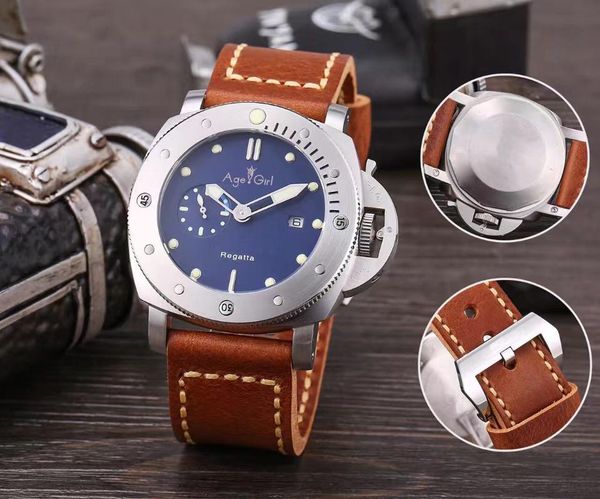 

classic new men automatic mechanical sapphire stainless steel full silver black leather watch luminous le manual 47mm, Slivery;brown